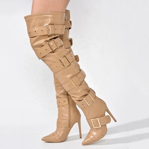 Belt Buckles Women Knee High Boots Metal Slim Heeled Denim Long Booties Sexy Punk Apricot Stiletto Dress <b>Shoes</b> - Product Image 4