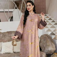 Robe Abaya Maxi Élégante en Rayonne, Imprimé Doré Craquelé de Luxe, Manches et Ourlet Brodés, Robes Kaftan pour Femmes, Robe de Fête pour l'Aïd et le Ramadan