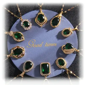 Carline Hot Sale Emerald Stainless Steel zircon Gemstone Emerald Gold Flower pendant Necklace Oem Jewelry Gold Plated Jewelry