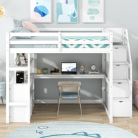 Lit mezzanine moderne blanc pleine taille avec bureau, rangement, escalier, cadre en pin massif, 2 tiroirs et barrières de sécurité pour enfants et adultes