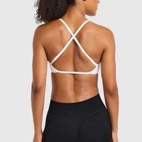 Soutien-gorge de sport OEM personnalisé avec logo, pour femme, col en V profond, dos croisé, bretelles fines réglables, coussinets amovibles, extensible, pour yoga et entraînement