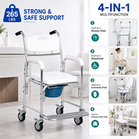 Fauteuil roulant de chevet 4 en 1 avec siège de douche, siège en PU, roulettes verrouillables, capacité de 265 lb, en aluminium, pour personnes âgées