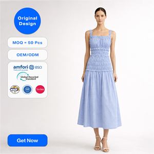 SHENGFU Design Originale Abito Midi a Righe Blu per Donna, Elegante Vestito Senza Maniche con Volant a Strati, <span class=keywords><strong>Abiti</strong></span> Personalizzati OEM - Product Image 1