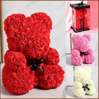 Kotak Hadiah Beruang Mawar Busa Buatan Tangan Multi Warna, Beruang Bunga Buatan Awet untuk Dekorasi Valentine, Ulang Tahun, Pernikahan