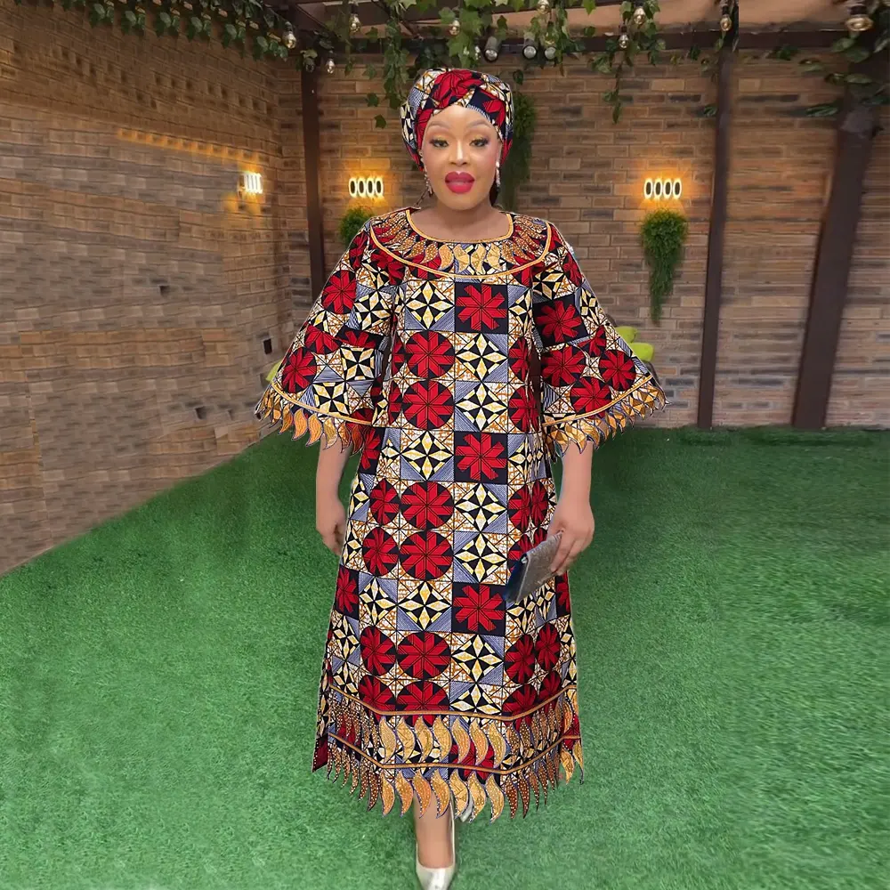 H & D Vestido africano personalizado de tela de cera vestido tradicional suelto de verano de manga corta