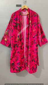 Red Velvet Floral and Birds Printed Long Sleeve Wrap Robe 2 option Women's Winter summer Full Length V-Neck <b>bath</b> robe kimono - Product Image 4