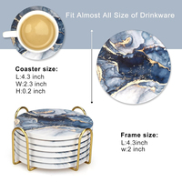 Ensemble de 6 sous-verres ronds en céramique bleu marine marbré abstrait avec support, les meilleurs sous-verres absorbants pour la décoration de table basse