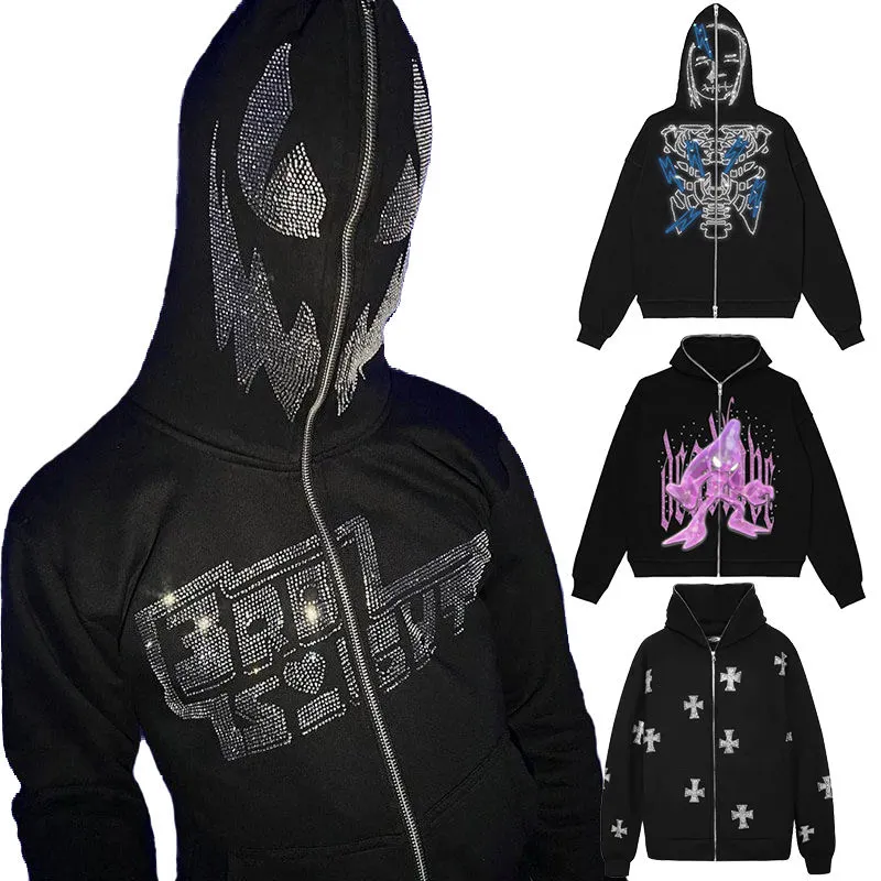 High Quality Custom blank Logo full Zip Up Face hoodies sweatshirts heavyweight Black rhinestone hoodie