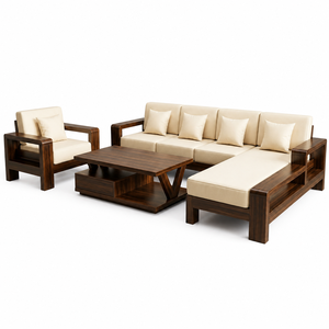 Conjunto de Salón Seccional Contemporáneo con Estructura de Teca, Sillón Chaise Longue y Mesa de Centro de Madera para Sala de Estar de Villa o Resort - Product Image 4
