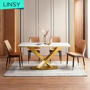 Linsy Italy Luxury Classic Dining Table Designs Gold Stainless Steel Frame 4 6 Seater Dining Table JI6R
