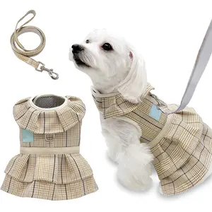 A596 Wholesale Factory Dog Harness Leash Set Elegant Plaid Clothes ODM OEM Small Pet Cat Puppy Soft Breathable Mesh Dog Dress