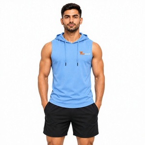 Camiseta sin mangas con capucha azul para hombre, de poliéster de secado rápido, chaleco deportivo informal con logo estampado frontal, camiseta con capucha para hombre - Product Image 1