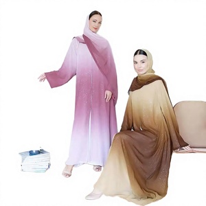 Último Diseño, Abaya Kimono Musulmana de Verano Estilo Dubai, Degradado con Brillo, Tela de Chifón, Vestido Abierto con Pañuelo a Juego - Product Image 2