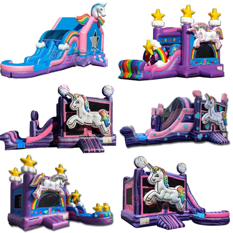 Custom Moon Walk Unicorn Jumper Stretch Castle Unicorn trampolino gonfiabile House scivolo d'acqua con piscina per bambini Party Combo