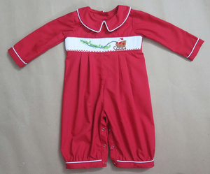 Santa Sleigh Reindeer Smocked Kids <b>Dress</b> Romper <b>Red</b> Christmas Holiday Collection Hand Embroidered Party Outfit - Product Image 4