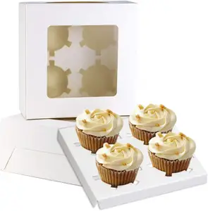 Terlaris 4 Lubang Kemasan Jendela Kertas Putih Donat Kotak Kue Muffin Aman dengan Sisipan