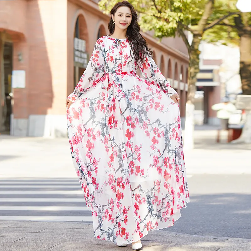 2023 Dropshipping Vibrant Floral Maxi Dress Plus Size Summer Casual Bohemian Chiffon Beach Holiday Bangkok Dress woman clothes