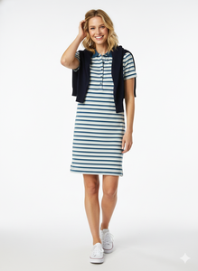 Abito midi estivo casual da donna <span class=keywords><strong>a</strong></span> <span class=keywords><strong>righe</strong></span> <span class=keywords><strong>blu</strong></span> <span class=keywords><strong>e</strong></span> bianche con colletto <span class=keywords><strong>a</strong></span> risvolto, maniche corte <span class=keywords><strong>e</strong></span> vestibilità ampia <span class=keywords><strong>a</strong></span> trapezio - Product Image 6