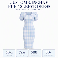 Robe moulante à manches bouffantes et col rond en gingham, longueur genou, pour femme, vente en gros, fabricant OEM ODM