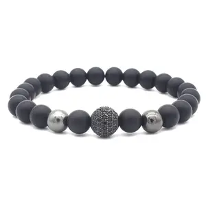 도매 매력 폴란드어 블랙 마노 현미경 비즈 남자 팔찌 탄성 로프 자연 매트 갈기 돌 구슬 - Product Image 1