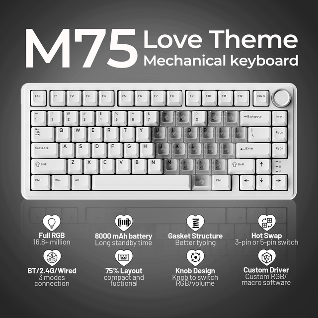 XVX M75 Lumina Tri-Mode 75% Mechanical Gaming Keyboard with RGB Backlit White Heart Keyboard Valentine's Day Gift