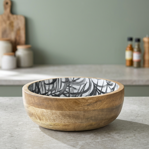Bol en bois fait main avec motif de feuilles noires et blanches, design minimaliste, pour servir des aliments, offrir en cadeau - Product Image 3