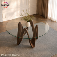 Table à manger moderne de luxe avec plateau en verre rond, base ondulée en bois massif, table de salle à manger artistique sculpturale, table de cuisine, meubles pour la maison