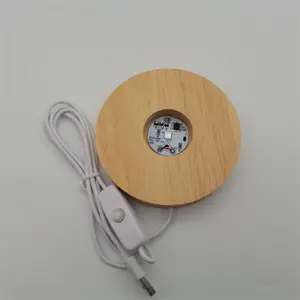 Custom USB Rubberwood 3D Round Wooden Base Crystal Display Stand LED Resin Lamp Holder