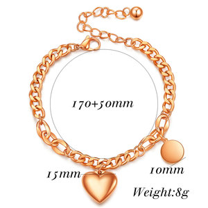 Bracelet réglable en acier inoxydable en forme de cœur pour femmes, chaîne cubaine, bijoux cadeau, or Rose, 15mm - Product Image 5