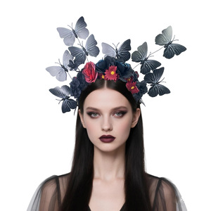ที่คาดผมผ้าลายดอกไม้ผีเสื้อแนวสยองขวัญสำหรับฮาโลวีน มงกุฎและพวงหรีดคอสเพลย์แบบโอเวอร์ไซส์ - Product Image 1