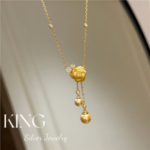 Collier Pendentif Fleur Plaqué Or Rose Jaune King Silver Jewelry avec Chaîne de 45 cm – Style INS Tendance pour Fêtes et Loisirs - Product Image 1