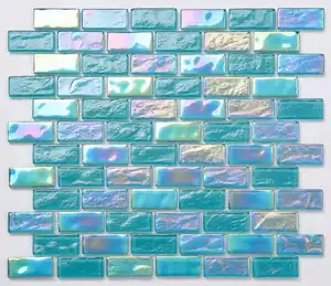 Crystal Green Lake Art Mosaic Mould Surface Mixed Strip Chip Size Glass Mosaic 298*298mm for Kitchen Backsplash