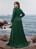 Robe de soirée pour femme, haut en dentelle, manches longues, jupe plissée à fente haute, couleur verte, grande taille