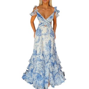 Floral Print Chiffon Evening Dress With Ruffles Halter Neck Deep V Empire Waist Full <b>Skirt</b> Breathable Spring Style - Product Image 5