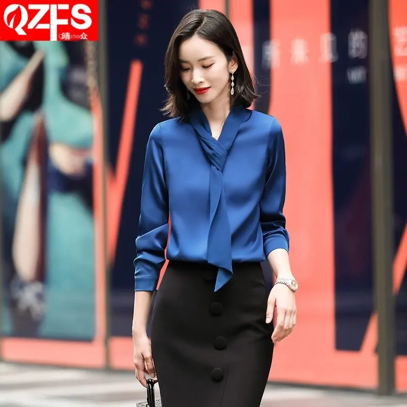 Chiffon Shirt Fashion V-neck Top White Blue Shirt Women's Long-sleeved Work Clothes Korean Blouse Women's Spring and Autumn Bow