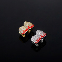 Grillz Iced Out plaqué or 14K avec zircone cubique, motif flamme simple ou double, et capuchons dentaires inférieurs en émail rouge, bijoux buccaux Hip Hop