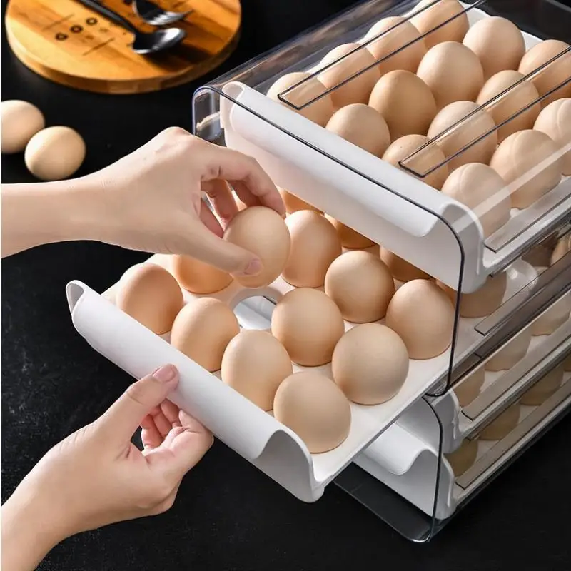 Caja de plástico para guardar huevos, compartimiento extraíble para el hogar de doble capa, con cubierta, tipo cajonera
