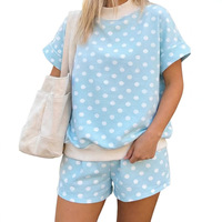 Ensemble de vêtements de détente pour femmes en rose et blanc à pois, 2 pièces, haut à col rond côtelé contrastant à manches courtes, short, tenue décontractée, broderie personnalisée