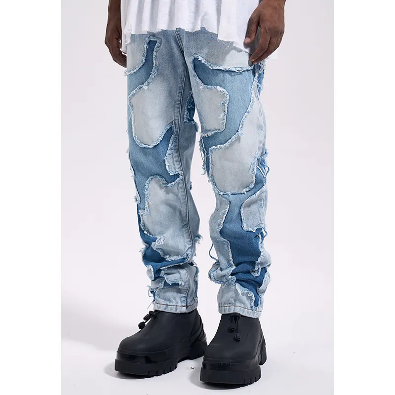 LILUO Customized High Street Washed vintage Hollow Patch Retro Brand Straight Loose Jeans men's straight jeans