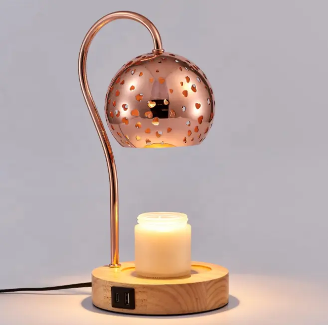 ベッドサイドロマンティックハートテーブルランプ電気ワックスメルター木製ベースUSBACポート調光可能タイマーキャンドルウォーマーランプ