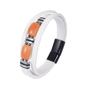 Men's <b>Leather</b> <b>Bracelet</b> Natural Stone Bezel Setting Multi Layer White Cord 7.5 8.5 9 Inches Everyday Wear Jewelry - Product Image 4