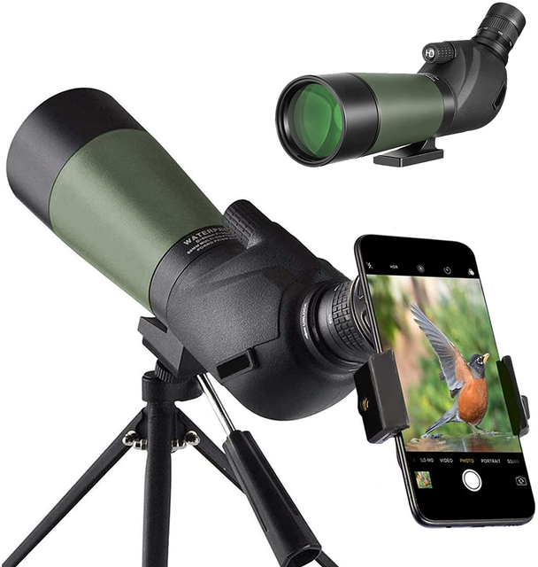 20-60x60 HD Spotting Scope With Tripod, Carrying Bag and Scope Phone Adapter - BAK4 45 Degree Angled Spotter Scope