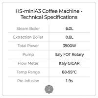 Machine à café expresso semi-automatique HS-miniA3 électrique haute performance 3900W 1 groupe, double chaudière, pression 19 bars, acier inoxydable 304