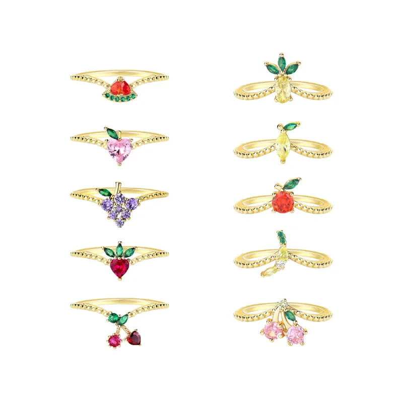 Vogue 2024 pomme 925 bijoux en argent sterling fruits 18k or banane coloré zircon raisin fruit anneau pour les femmes
