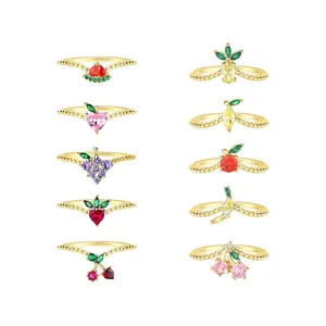 Vogue 2024 apple 925 perak murni perhiasan buah 18k emas pisang warna-warni zirkon anggur buah cincin untuk wanita