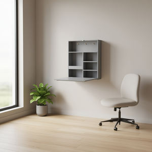 Bureau d'ordinateur pliable mural gris DB avec étagère de rangement pour bureau à domicile et hôtels, surface métallique, modèle D0100HAJTI7 - Product Image 2