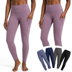 Leggings de sport pour femme avec logo personnalisé, maille unie extensible dans quatre directions, taille haute et poches latérales – Grande Vente - Product Image 1