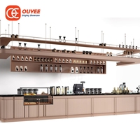 Service de conception de magasin de café sur mesure avec table d'exposition pour franchise, aménagement de café en contreplaqué