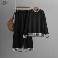 Ensemble tricoté décontracté Lumos pour femme - Collection Hiver Euro-Américaine 2025 - Pull et pantalon pied-de-poule longs coupe décontractée avec logo personnalisé