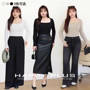 Happy Plus Square Neck <b>Long</b> Sleeve Knit Top Women's Base Layer Solid Color Plus Size <b>T</b>-<b>Shirt</b> N9028 - Product Image 5